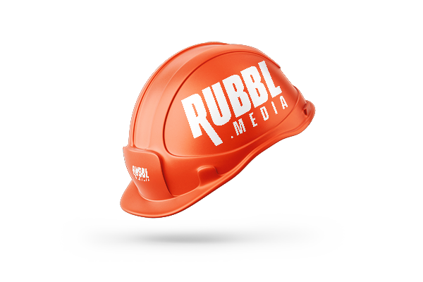 orange hard hat with Rubbl Media Branding